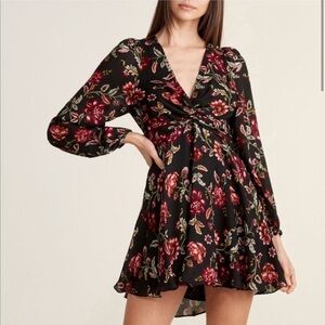A.L.C Annette Mini Dress Silk Floral Long Sleeve V Neck Twist Front Black Size 2